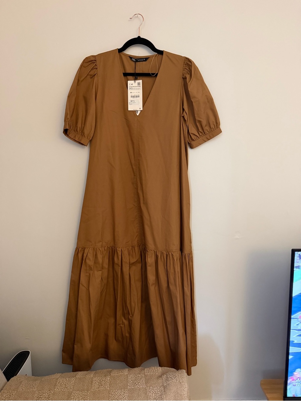 Zara Camel Puff-Sleeve Maxi Dress